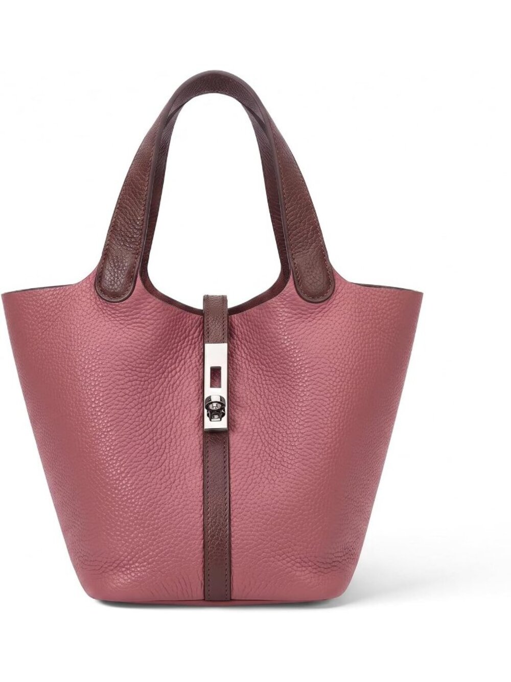 Women's Red Brown Vegan Leather Satchel Tote Handle Lock Design Bucket Purse